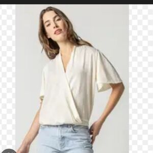 Lilla P Cream Faux Wrap Top with Flutter Sleeves